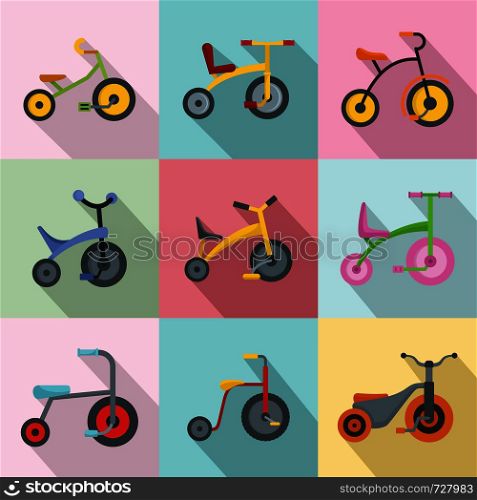 Tricycle bicycle bike wheel icons set. Flat illustration of 9 tricycle bicycle bike wheel vector icons for web. Tricycle bicycle bike wheel icons set, flat style