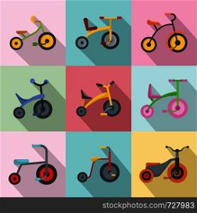 Tricycle bicycle bike wheel icons set. Flat illustration of 9 tricycle bicycle bike wheel vector icons for web. Tricycle bicycle bike wheel icons set, flat style