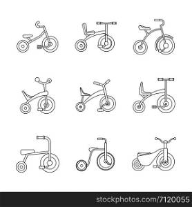 Tricycle bicycle bike wheel icons set. Outline illustration of 9 tricycle bicycle bike wheel vector icons for web. Tricycle bicycle bike wheel icons set, outline style