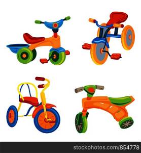 Tricycle icons set. Cartoon set of tricycle vector icons for web design. Tricycle icons set, cartoon style