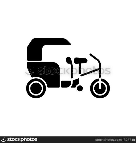 Tricycle taxi black glyph icon. Human-powered three-wheeled vehicle. Bike taxi with passenger cart. Tri-wheeled bicycle rickshaw. Silhouette symbol on white space. Vector isolated illustration. Tricycle taxi black glyph icon