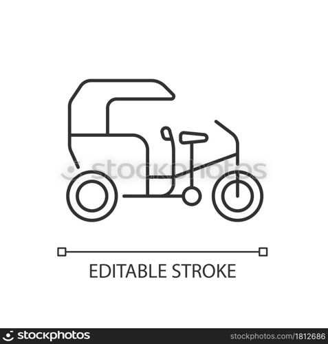 Tricycle taxi linear icon. Human-powered three-wheeled vehicle. Bike taxi with passenger cart. Thin line customizable illustration. Contour symbol. Vector isolated outline drawing. Editable stroke. Tricycle taxi linear icon