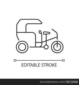 Tricycle taxi linear icon. Human-powered three-wheeled vehicle. Bike taxi with passenger cart. Thin line customizable illustration. Contour symbol. Vector isolated outline drawing. Editable stroke. Tricycle taxi linear icon