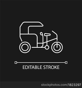 Tricycle taxi white linear icon for dark theme. Human-powered three-wheeled vehicle. Thin line customizable illustration. Isolated vector contour symbol for night mode. Editable stroke. Tricycle taxi white linear icon for dark theme