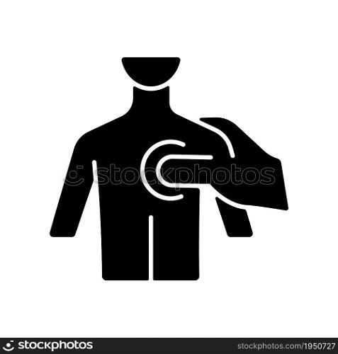 Trigger points massage black glyph icon. Increase blood circulation. Relaxing tight muscles. Focus on tense spots. Manipulative therapy. Silhouette symbol on white space. Vector isolated illustration. Trigger points massage black glyph icon