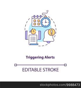 Triggering alerts concept icon. Contract management software functions. Contract management processes idea thin line illustration. Vector isolated outline RGB color drawing. Editable stroke. Triggering alerts concept icon