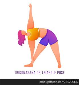 Trikonasana flat vector illustration. Triangle pose. Caucausian woman doing yoga in orange and purple sportswear. Workout, fitness. Physical exercise. Isolated cartoon character on white background