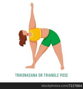 Trikonasana flat vector illustration. Triangle pose. Caucausian woman performing yoga posture in green and yellow sportswear. Workout. Physical exercise. Isolated cartoon character on white background. Trikonasana flat vector illustration