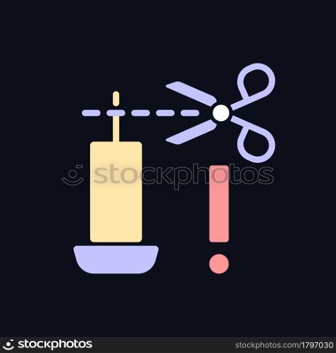 Trimming candle wick RGB color manual label icon for dark theme. Isolated vector illustration on night mode background. Simple filled line drawing on black for product use instructions. Trimming candle wick RGB color manual label icon for dark theme