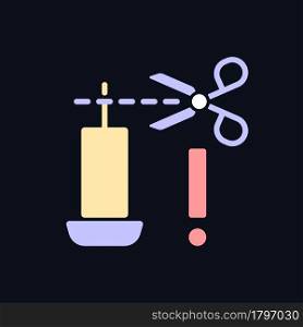 Trimming candle wick RGB color manual label icon for dark theme. Isolated vector illustration on night mode background. Simple filled line drawing on black for product use instructions. Trimming candle wick RGB color manual label icon for dark theme