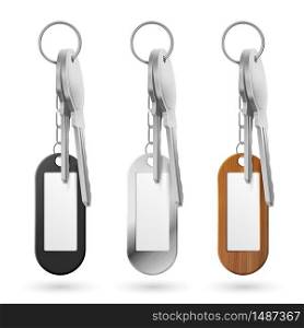 Trinkets, keys bunch, metal, wooden and plastic door clef holders on steel ring set. Oval keychains accessories or pendants isolated on white background. Realistic 3d vector illustration, mock up. Trinkets, keys bunch, metal, wooden and plastic