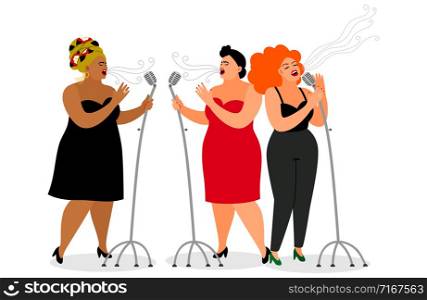 Trio of international singer women, on white background, vector illustration. Trio of international singers