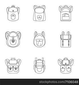 Trip backpack icon set. Outline set of 9 trip backpack vector icons for web design isolated on white background. Trip backpack icon set, outline style
