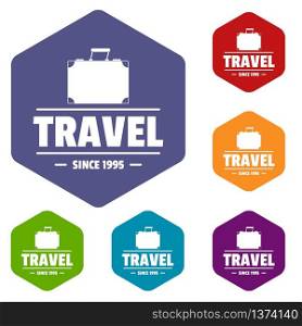 Trip bags icons vector colorful hexahedron set collection isolated on white . Trip bags icons vector hexahedron