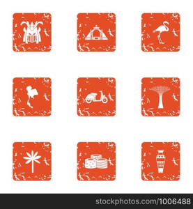 Trip competence icons set. Grunge set of 9 trip competence vector icons for web isolated on white background. Trip competence icons set, grunge style