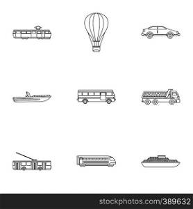 Trip on transport icons set. Outline illustration of 9 trip on transport vector icons for web. Trip on transport icons set, outline style