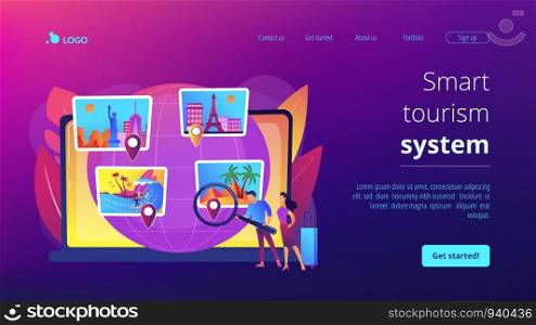 Trip planning, holiday vacation organization. Smart tourism system, travel recommender systems, digital future of travel experience concept. Website homepage landing web page template.. Smart tourism system concept landing page