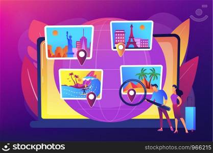 Trip planning, holiday vacation organization. Smart tourism system, travel recommender systems, digital future of travel experience concept. Bright vibrant violet vector isolated illustration. Smart tourism system concept vector illustration