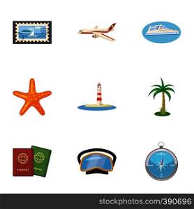 Trip to sea icons set. Cartoon illustration of 9 trip to sea vector icons for web. Trip to sea icons set, cartoon style