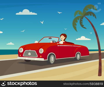 Trip To The Sea Background . Trip to the sea background with woman driving a cabriolet cartoon vector illustration