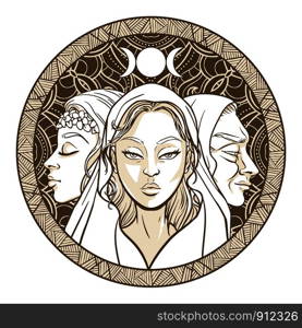 Triple goddess as Maiden, Mother and Crone, beautiful woman, symbol of moon phases. Hekate, mythology, wicca, witchcraft. Vector illustration