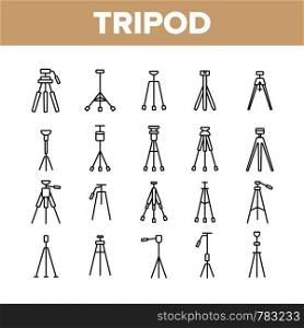 Tripod, Cameraman Equipment Vector Linear Icons Set. Photo And Video Recording, Camcorder Tripod Outline Symbols Pack. Photographer Professional Tools, Photo Shooting Isolated Contour Illustrations. Tripod, Cameraman Equipment Vector Linear Icons Set