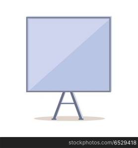 Tripod Whiteboard with Blank Board Screen. Vector. Tripod whiteboard with blank screen. Tripod whiteboard icon. Empty board at a presentation. Tripod icon. Portable three-legged board screen. Isolated object in flat design on white background. Vector