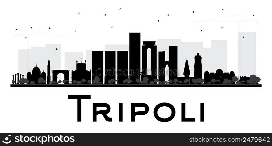 Tripoli City skyline black and white silhouette. Vector illustration. Simple flat concept for tourism presentation, banner, placard or web site. Business travel concept. Cityscape with landmarks