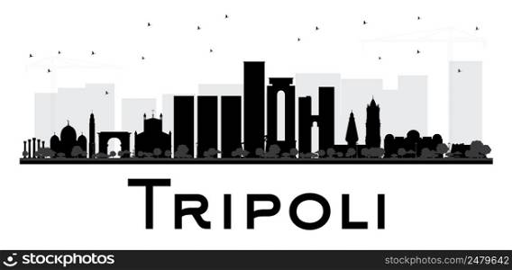 Tripoli City skyline black and white silhouette. Vector illustration. Simple flat concept for tourism presentation, banner, placard or web site. Business travel concept. Cityscape with landmarks