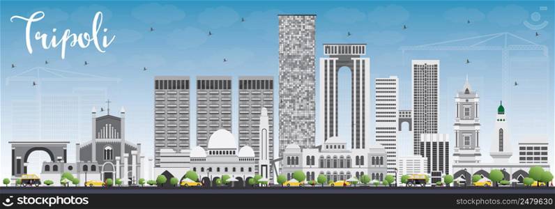Tripoli Skyline with Gray Buildings and Blue Sky. Vector Illustration. Business Travel and Tourism Concept with Historic Buildings. Image for Presentation Banner Placard and Web.