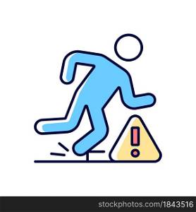 Tripping hazards RGB color manual label icon. Falling precautions. Aware of obstacles and slippery surfaces. Isolated vector illustration. Simple filled line drawing for product use instructions. Tripping hazards RGB color manual label icon