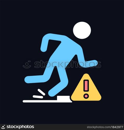 Tripping hazards RGB color manual label icon for dark theme. Isolated vector illustration on night mode background. Simple filled line drawing on black for product use instructions. Tripping hazards RGB color manual label icon for dark theme