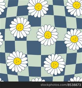Trippy checkerboard seamless pattern with chamomile flowers. Childish abstract print with happy emotions. Floral vector illustration for decor and design.