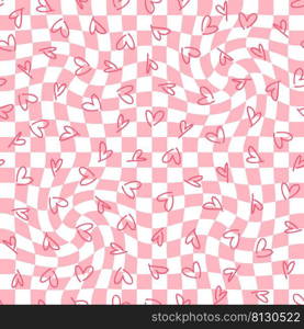 Trippy checkered seamless pattern with simple hearts. Sweet love background with distorted squares. Funky doodle vector illustration for decor and design.