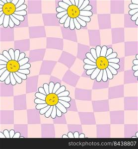 Trippy grid seamless pattern with daisy flowers in 1960 style. Childish characters print with happy emotions. Kids vector illustration for decor and design.