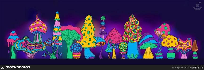 Trippy mushroom background. Acid psychedelic magic wallpaper with colorful fairy forest plants, fairy psilocybin trance concept. Vector illustration. Hallucinogenic striped and spotted mushrooms. Trippy mushroom background. Acid psychedelic magic wallpaper with colorful fairy forest plants, fairy psilocybin trance concept. Vector illustration