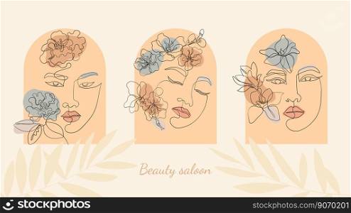 Triptych for beauty salon three female faces line art. Boho style arch windows and mysticism