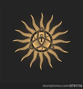 Triquetra, crescents and ankh cross inside of sun with radiant rays esoteric occult pentagram, magic tarot sign. Vector golden sacred emblem with egyptian and celtic spiritual symbolic. Triquetra, crescents and ankh cross inside of sun