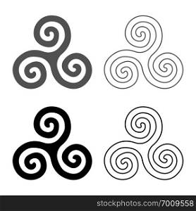 Triskelion or triskele symbol sign icon set grey black color vector illustration outline flat style simple image