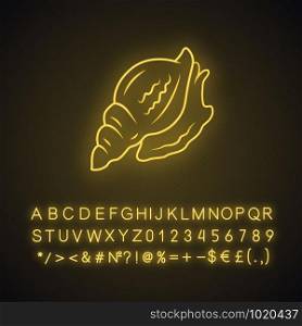 Triton neon light icon. Large mollusk with spiral shell. Tropical seashell. Underwater inhabitant. Aquatic mollusk. Glowing sign with alphabet, numbers and symbols. Vector isolated illustration