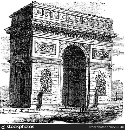 Triumphal Arch or Arc de Triomphe, Paris, France. Vintage engraving. Old engraved illustration of Triumphal Arch. It is one of the most famous monuments in Paris.