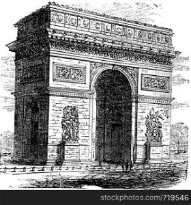 Triumphal Arch or Arc de Triomphe, Paris, France. Vintage engraving. Old engraved illustration of Triumphal Arch. It is one of the most famous monuments in Paris.