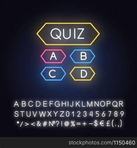 Trivia quiz neon light icon. Question-answer game. Competition, contest. Mental exercise. Knowledge, intelligence test. Glowing sign with alphabet, numbers and symbols. Vector isolated illustration