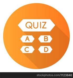 Trivia quiz orange flat design long shadow glyph icon. Question-answer game. Competition, contest. Mental exercise. Ingenuity, intelligence test. Solution finding. Vector silhouette illustration