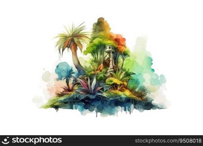 Troπc trees beach watercolor. Vector illustration design.