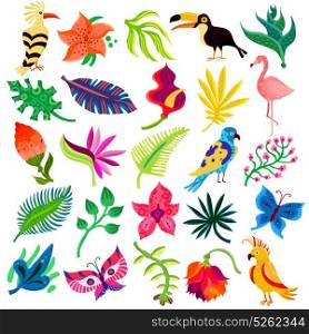 Troipcal Flora And Fauna. Tropical exotic set of twenty five flat isolated icons with hand drawn style leaves flowers and birds vector illustration