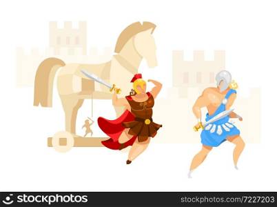 Trojan war flat vector illustration. Troy and Achilles. Warriors fight. City assault in horse contruction. Greek mythology. Homer iliad. Battle scene isolated cartoon character on white background. Trojan war flat vector illustration