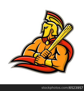 Trojan Warrior Baseball Player Mascot. Mascot icon illustration of head of a Trojan or Spartan warrior wearing a helmet and holding a baseball bat viewed from side on isolated background in retro style.. Trojan Warrior Baseball Player Mascot