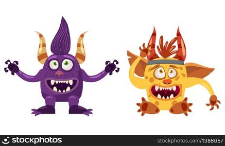 Troll Bigfoot Imp cute funny fairytale character, emotions, cartoon style. Troll Bigfoot and Imp cute funny fairytale character, emotions, cartoon style, for books, advertising, stickers, vector, illustration, banner, isolated