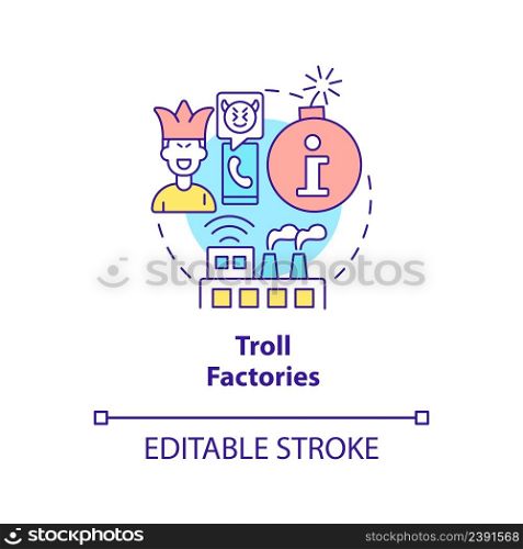 Troll factories concept icon. Influence opinion. Information war over Internet abstract idea thin line illustration. Isolated outline drawing. Editable stroke. Arial, Myriad Pro-Bold fonts used. Troll factories concept icon